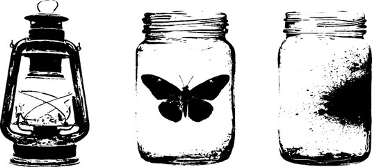Black and white lantern and jar stencil set for print and design projects