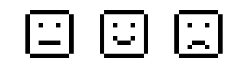 Fototapeta premium Emoji icons, Pixel emoticon face icons, neutral expression, happy face, sad face, digital smiley set, retro pixel emoji collection, black and white, Vector illustration, Pixel art.