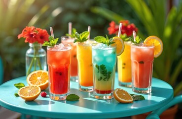 Vibrant iced cocktails in diverse glasses with fresh ingredients. Red, yellow, blue drinks with mint, orange slices. Patio setting, sunlight, perfect for summer parties, celebrations, social