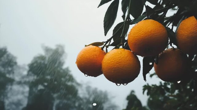 Ripe oranges hanging from tree branches after rain, with water droplets and soft natural background.
