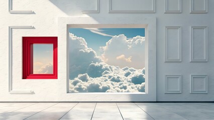 3d render, abstract fantasy background. Flying realistic clouds. Red square hole on the white wall. Minimalist geometric wallpaper.