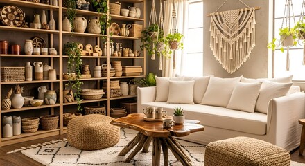 Bohemian living room interior with sofa, shelves and macrame wall hanging
