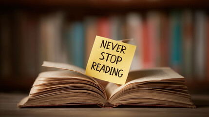 Open book with sticky note reading never stop reading placed on pages against blurred bookshelf background symbolizing education knowledge learning and inspiration