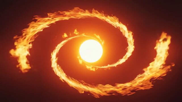 Intense fire spiral encircling glowing sun on dramatic background, symbolizing energy, explosion and cosmic power.