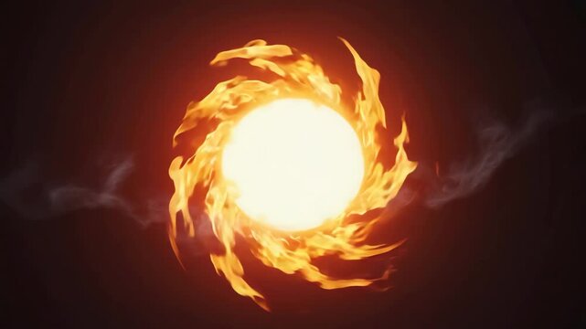 Fiery glowing sun surrounded by spinning fire flames on dark background, symbolizing energy, heat and power.