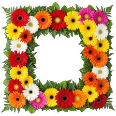 Square gerbera daisy wreath with colorful flowers isolated on transparent background