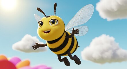 Adorable cartoon bee flying happily in a bright blue sky with clouds