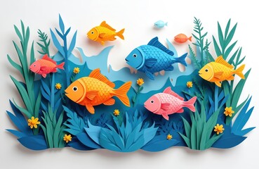 Colorful paper cut fish swim among vibrant blue, green aquatic plants, waves. Playful, textured illustration, isolated on white, features summer classroom concept with ample copy space for text.