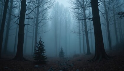 Obraz premium Dark cold forest scene with bare trees shrouded in fog. Rocky path leads through woods, creating mysterious, eerie atmosphere. Misty conditions suggest autumn winter weather, evoking feelings of