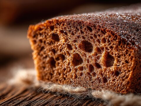 Close-up of a slice of dark, textured cake