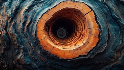 Close-up of a beautifully extured wooden hollow, shocasing rich colors and inticate patterns, ideal for ature and design themes.