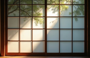 Traditional Japanese shoji screen window with soft light filtering through. Tree branches, leaf shadows create atmospheric pattern on paper panel. Wood frame interior design, zen calm, Asian culture.