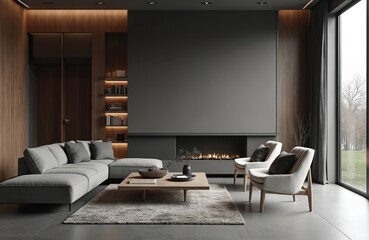 Fototapeta premium Modern monochrome living room featuring wood, grey tiling accents. Features plush grey sectional sofa, contemporary armchair seating, stylish wooden coffee table. Inviting fireplace with warm flames