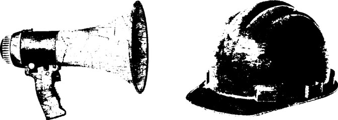 Stencil black and white set featuring megaphone and hard hat design for urban themes