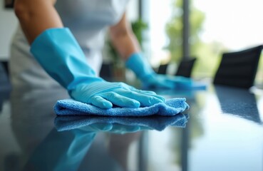 Cleaning staff in blue gloves disinfects office table surface with cloth, ensuring hygiene, cleanliness. Pro sanitation service for healthy workplace environment. Careful wiping maintains tidy