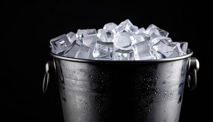 Ice cubes in metal bucket on a black background