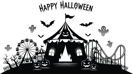Spooky halloween haunted carnival scene with ferris wheel, roller coaster, pumpkins, ghosts and bats