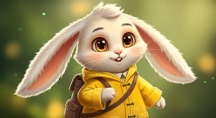 Adorable cartoon bunny wearing a yellow raincoat and backpack, ready for adventure