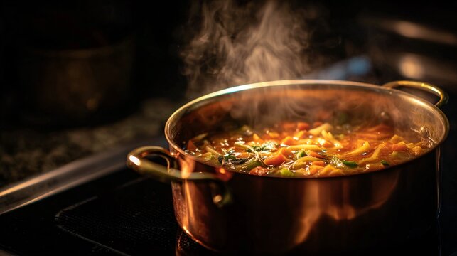 Single copper pot with root veggie stew simmering on black induction stove, fall air vibes