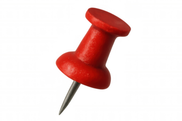 Red push pin anchoring document, fastening paper against white translucent surface with sharp metallic tip