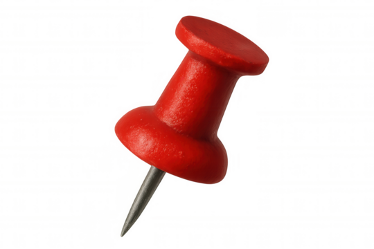 Red push pin anchoring document, fastening paper against white translucent surface with sharp metallic tip