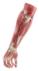 3D anatomical illustration of human arm muscles and bones, showing layers from skin to muscle