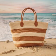 Straw beach bag on an empty seashore.