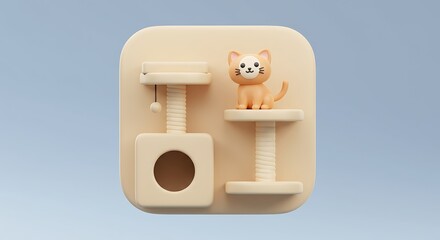 Adorable cartoon cat sits on a minimalist beige cat tree against a soft blue background