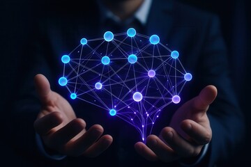 Businessman holding glowing digital network structure..