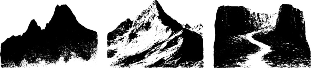 Black and white stencil of mountain peaks set for outdoor adventure designs