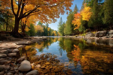 Obraz premium Autumnal river scene with vibrant fall foliage mirrored in clear water
