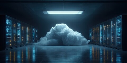 Futuristic Cloud Computing Data Center Environment with Glowing Server Racks.