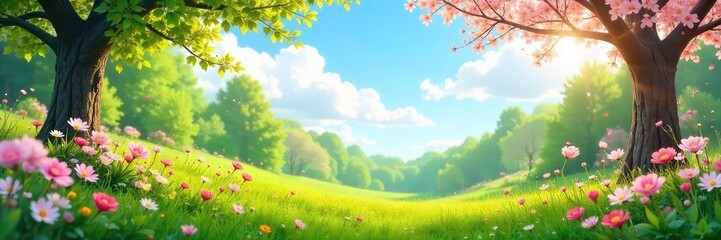 Naklejka premium Serene Spring Landscape Lush Greenery, Blooming Flowers, and Gentle Breeze