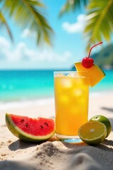 Obraz premium A refreshing glass of golden rum sits on a sun-drenched beach, next to a vibrant tropical drink and fresh fruit, embodying the essence of a carefree summer day , sun, orange