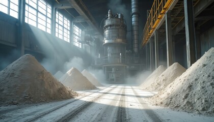 Inside cement factory piles of limestone raw materials await processing. Heavy machinery, industrial equipment operate within facility. Grinding, mixing processes convert minerals. High temperatures