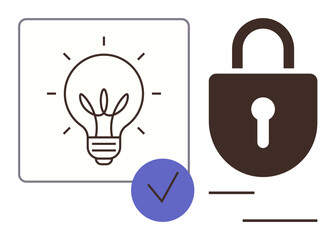 Light bulb symbolizing ideas, a lock for security, and a checkmark for validation. Ideal for innovation, intellectual property, data security, privacy, trust approval and creativity. Simple flat