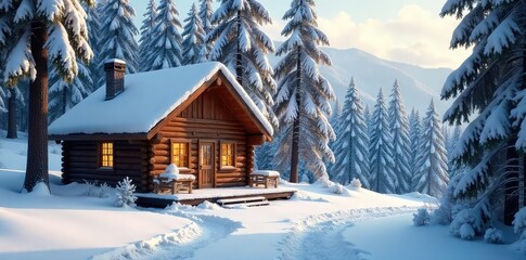 A quiet, snow-covered cabin rests peacefully on a reserved holiday, surrounded by pristine winter woods Perfect for a relaxing getaway, away from the hustle and bustle , woods, hills, snow