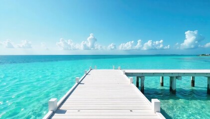 Fototapeta premium A pristine white pier stretches out over calm, turquoise water, bathed in sunlight Perfect for summer vacation, travel, or coastal themed projects , vacation, texture