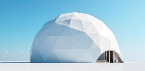 A pristine white geodesic dome stands alone against a clear blue sky, its smooth curves reflecting sunlight Perfect for architectural, construction, or environmental themes , modern, elegant, summer