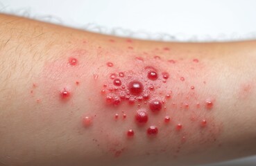 Fototapeta premium Close-up image shows severe red rash with blisters and bumps on a man arm. Skin condition appears irritated and inflamed, possibly a skin disease like dermatitis or infection. Medical close-up.