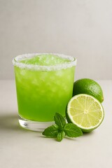 Fototapeta premium Refreshing frozen lime margarita cocktail with fresh mint and lime slices