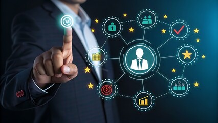 Fototapeta premium A businessman in a suit is touching a digital screen displaying a network of icons representing human resources, management, and business concepts, symbolizing strategy, success, and teamwork