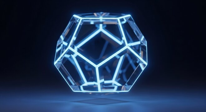 Glowing futuristic cube with geometric lines and transparent structure on a dark background.