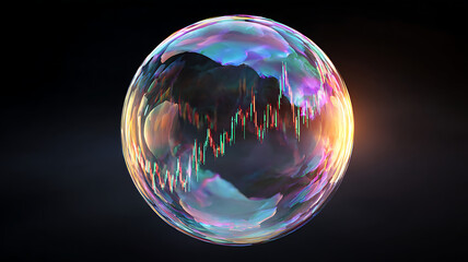 Financial Market Bubble: Candlestick chart reflected in a colorful iridescent bubble, financial concept.
