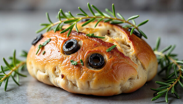 Freshly baked bread roll topped with olives and rosemary for Thanksgiving - Powered by Adobe
