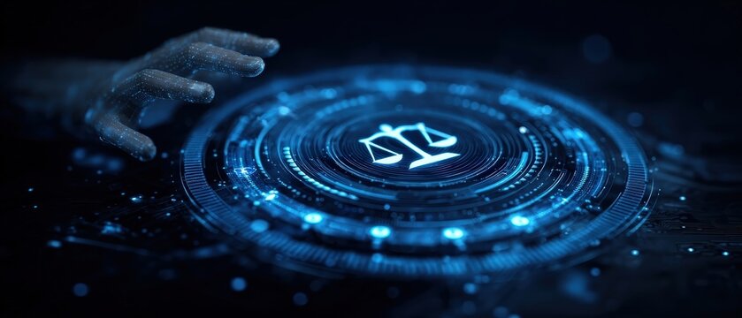 A futuristic hand reaches towards a digital scale symbolizing justice, set against a dark, tech-inspired background illuminated by blue light.