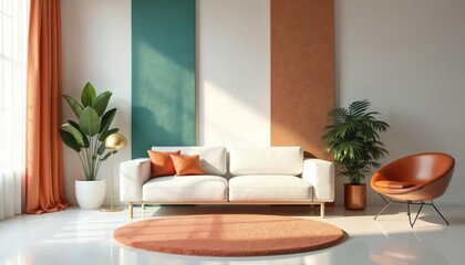 Modern living room interior features white sofa with orange pillows, accented by round coral rug. Sleek orange armchair, potted green plants complement space, set against wall with vertical color