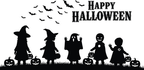 Silhouette of children in halloween costumes with pumpkins and bats