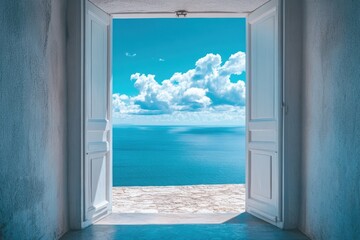 Open white doors revealing a bright blue ocean and sky with fluffy clouds image