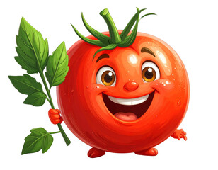 Tomato Cartoon Character Holding a Leaf, Side Angle, isolated on transparent background.